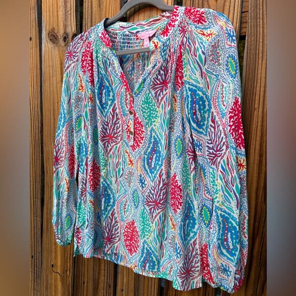 Lilly Pulitzer Blouse Silk Elsa Gold Button Lets Minnow Size Small - Picture 6 of 12
